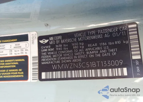 2011 Mini Cooper z USA, uszkodzony, nr VIN WMWZN3C51BT133009